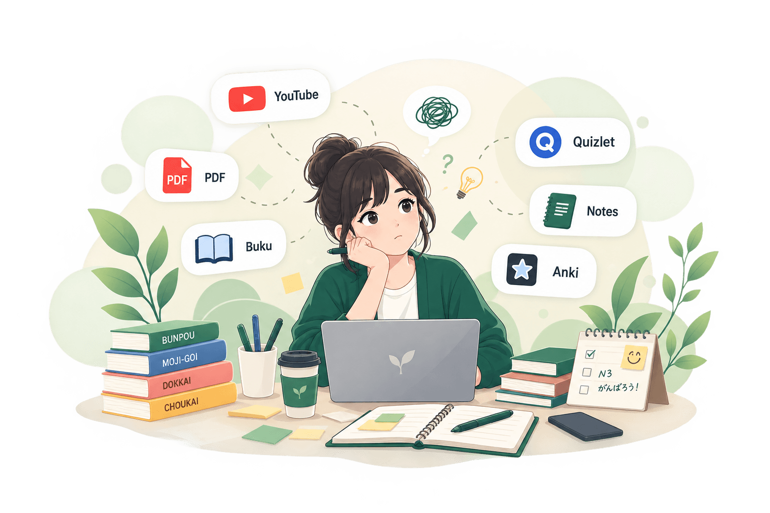 Seorang siswa termenung di depan laptop, dikelilingi banyak sumber belajar bahasa Jepang: YouTube, PDF, Buku, Quizlet, Notes, dan Anki.